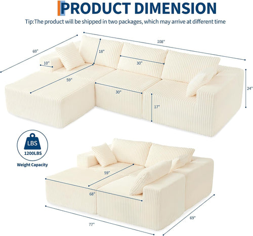 108" Modular Sectional Sofa Couches for Living Room Cloud Memory Boneless Couch No Assembly Required