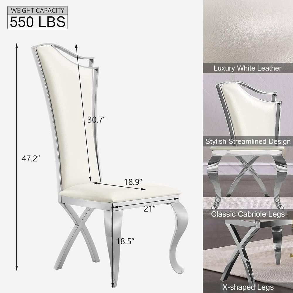 Asday Dining Chairs Set of 6, White Faux Leather and Silver Streamlined High ...
