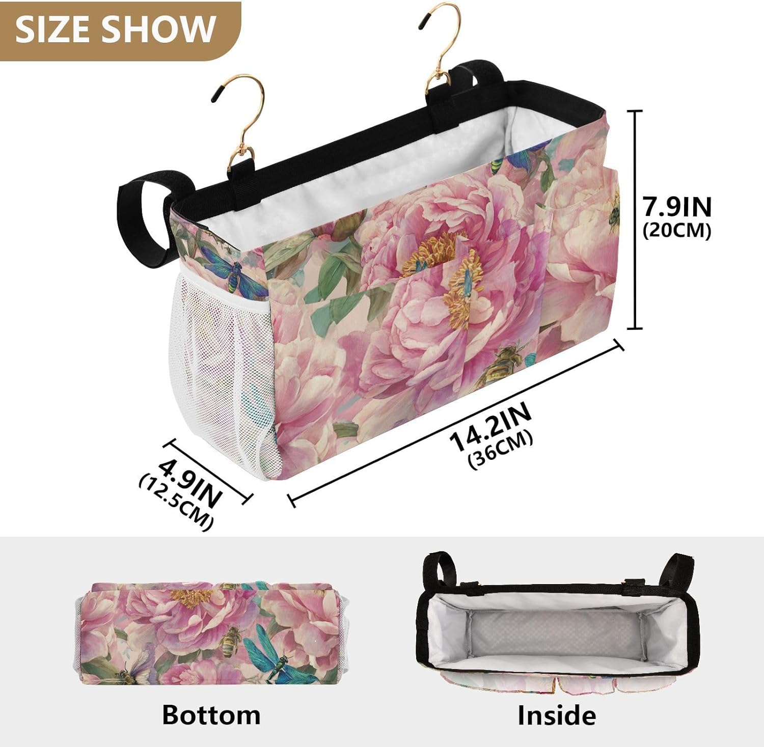 Pink Peony Bee Dragonfly Bedside Caddy for Dorm Bed Bedside Hanging Caddy Bag Iron Frame Storage Organizer Pocket for Bunk Home College Hospital Beds 2 Hooks