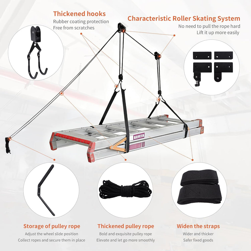 SYDSZ Ladder Storage Ceiling Hoist – Garage Pulley Lift System for Ladder Carrier Fits Garage or Shed with 125lb