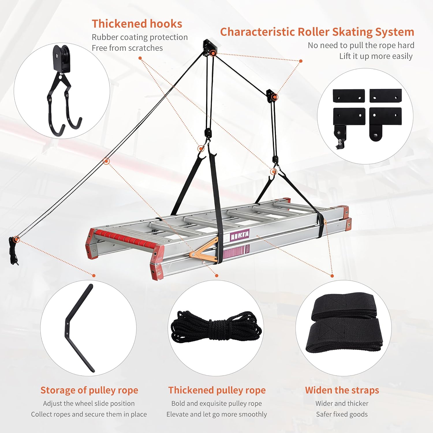 SYDSZ Ladder Storage Ceiling Hoist – Garage Pulley Lift System for Ladder Carrier Fits Garage or Shed with 125lb