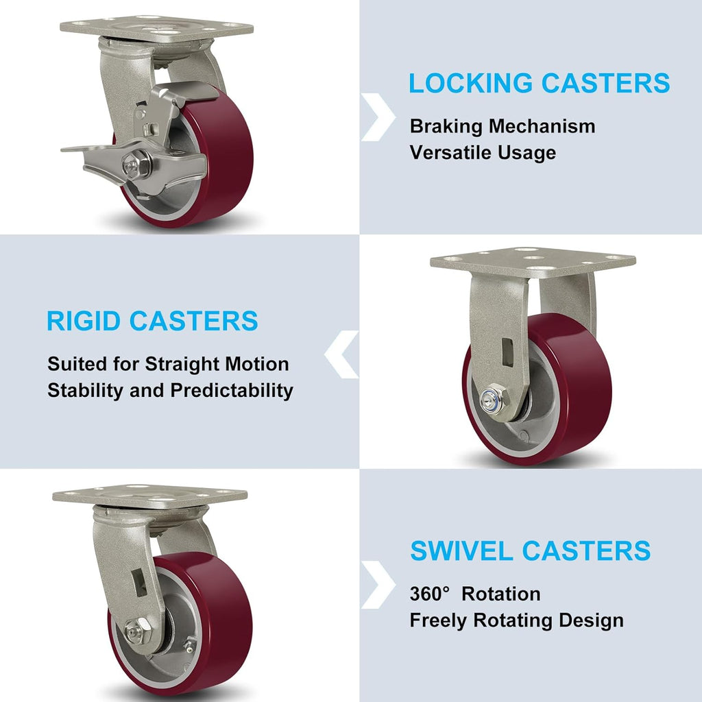 SY America 4" X 2" Casters Wheels,Heavy Duty Industrial Casters，Polyurethane on Aluminum Wheels,1 Swivel w/Top Lock Brake Casters,800 LBS Load Capacity
