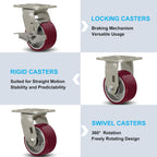 SY America 4" X 2" Casters Wheels,Heavy Duty Casters Set of 4，Polyurethane on Aluminum Wheels,2 Swivel 2 Swivel w/Top Lock Brake Casters,3200 LBS Load Capacity