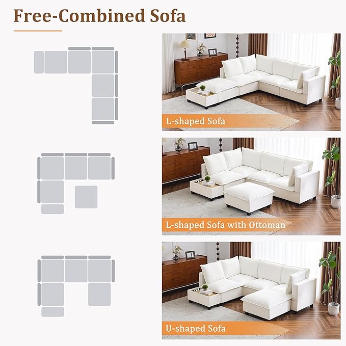 Merax Modern 90" U-Shaped Chenille Sectional Sofa Set, Modular Sofa Couch with a Movable Ottoman, a Coffee Table with Hidden Charging Devices for Living Room, White