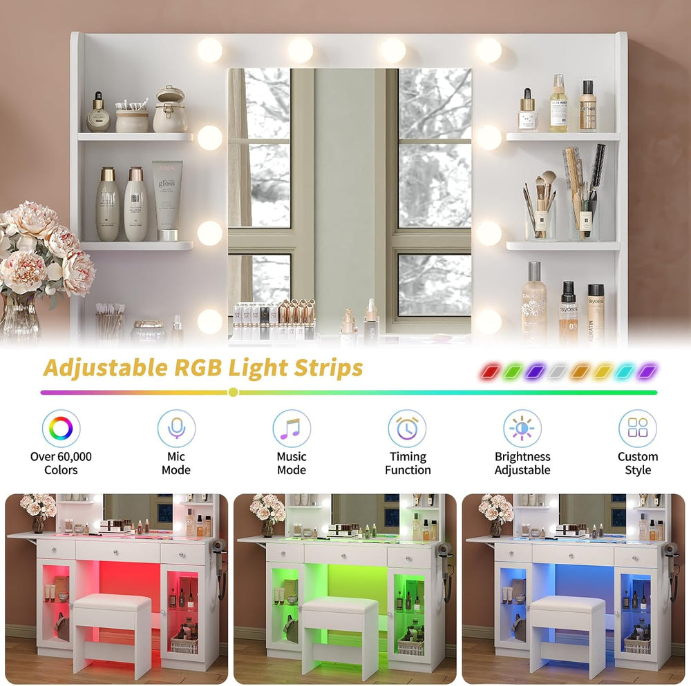 Yanosaku Makeup Vanity Desk with Mirror and Lights, RGB Lighted Vanity Desk w...