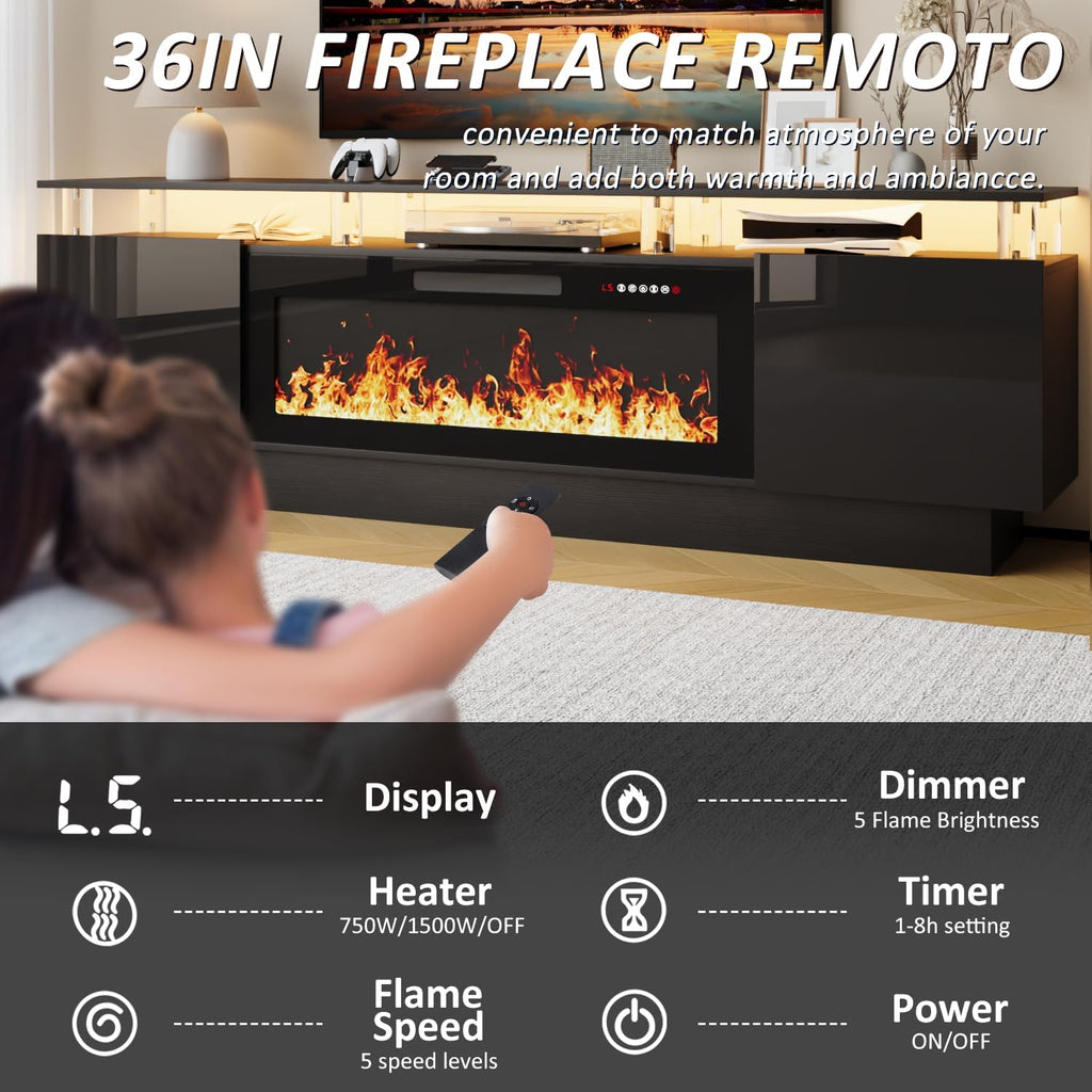 70" Fireplace TV Stand for TVs up to 80 Inches with 36'' Electric Fireplace & Remote, Modern Entertainment Center with LED Light,Woodeen TV Console for Living Room, 8 Acrylic Posts, Black