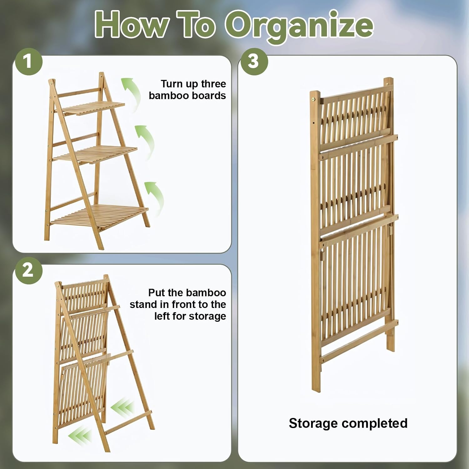 Bamboo Ladder Plant Shelf, 3 Tier Foldable Flower Pot Display Rack, Indoor Outdoor Balcony Decor, Freestanding Plant Organizer for Home Patio Lawn Garden Wooden