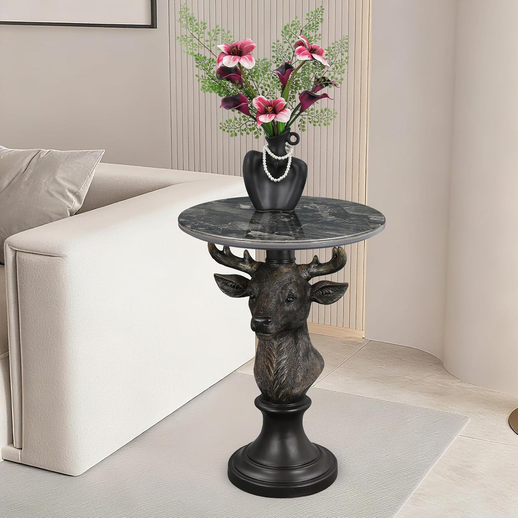 Modern End Table Black Deer Statue Side Table with Faux Marble Round top, 28" Tall 19.69" Wide Contemporary Nightstand for Living Room, Office and Reception Area Gift for Mom and Dad