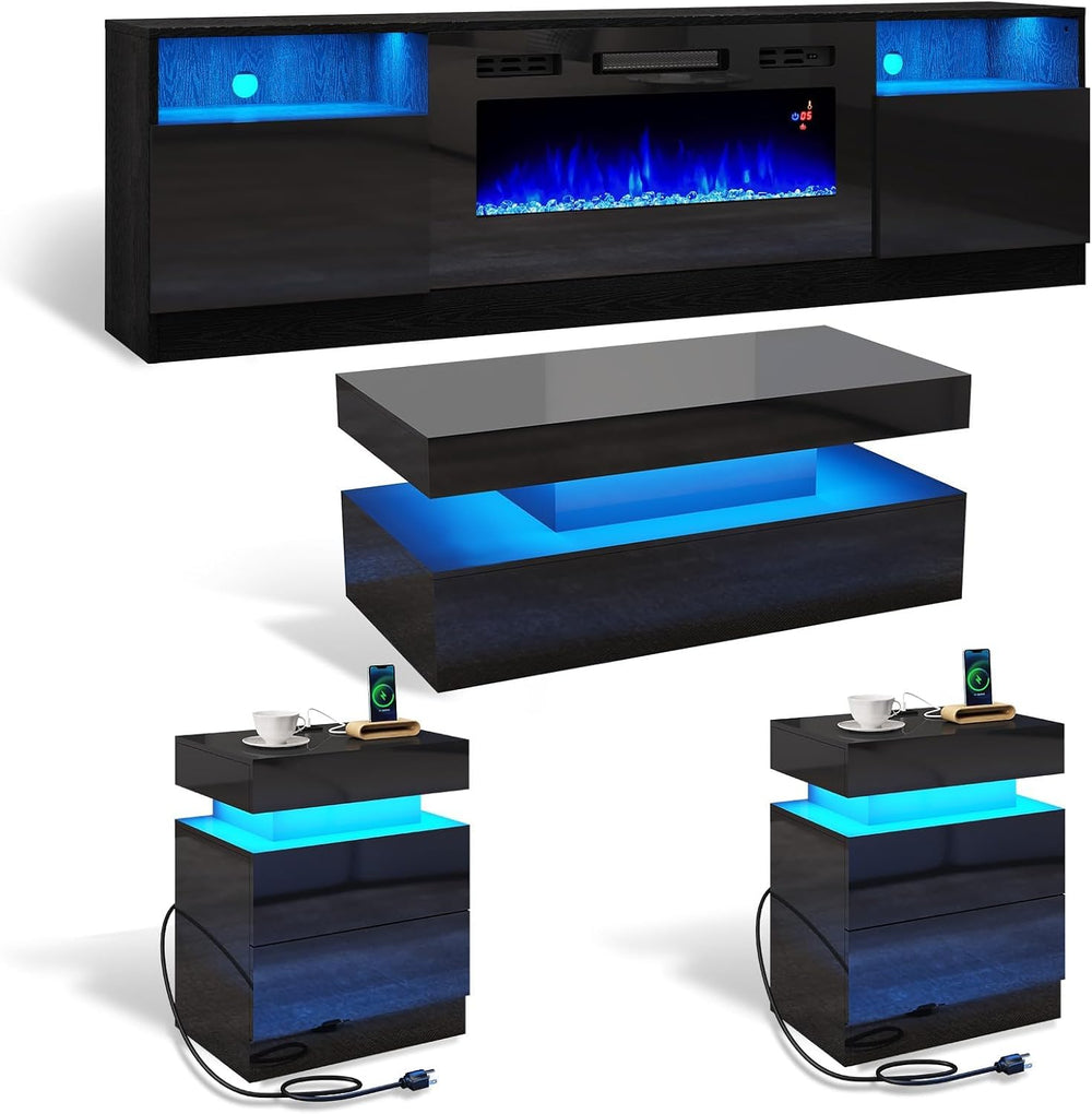 AMERLIFE 4-Piece Modern Living Room Table Set, 70" Fireplace TV Stand | ...