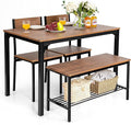 Giantex Dining Table Set for 4, 43" Kitchen Table and Chairs, Dining Bench with Metal Frame & Storage Rack, 4-Piece Modern Functional Desk Set for Dinette, Small Space, Apartment, Restaurant, Walnut