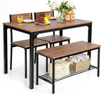 Giantex Dining Table Set for 4, 43" Kitchen Table and Chairs, Dining Bench with Metal Frame & Storage Rack, 4-Piece Modern Functional Desk Set for Dinette, Small Space, Apartment, Restaurant, Walnut