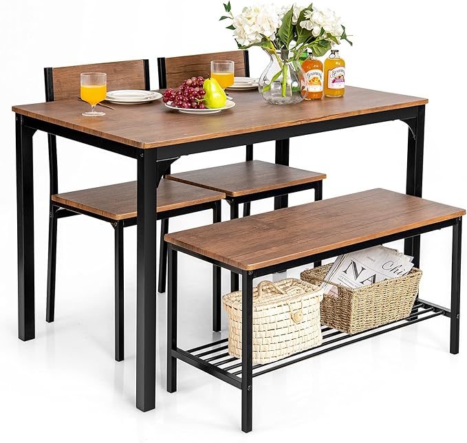 Giantex Dining Table Set for 4, 43" Kitchen Table and Chairs, Dining Bench with Metal Frame & Storage Rack, 4-Piece Modern Functional Desk Set for Dinette, Small Space, Apartment, Restaurant, Walnut