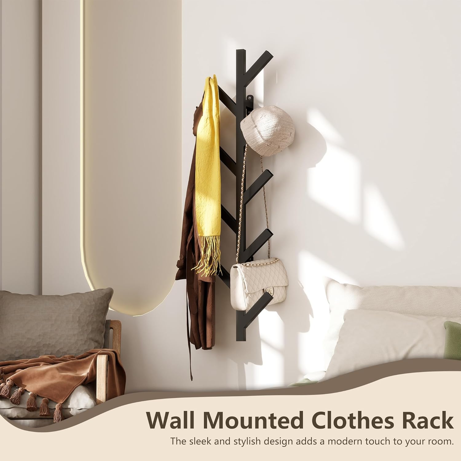 Vlush Wall Mounted Metal Coat Rack with 9 Hooks Modern Minimalist & Upright Coat Rack for Hanging Clothes, Hats, Hanging Bags and Scarves Entrance Wall Iron Coat Racks (Black)