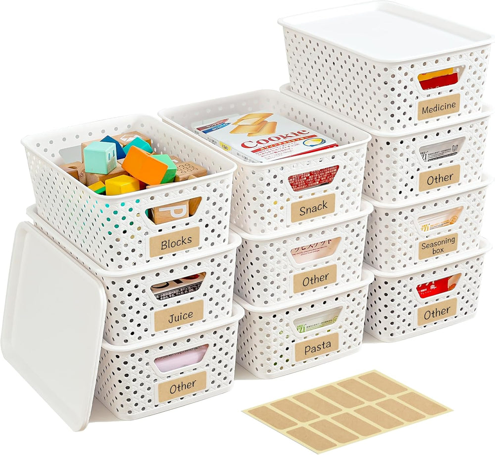 10 Pack Small Plastic Storage Bins with Lids, Stackable Plastic Storage Baske...