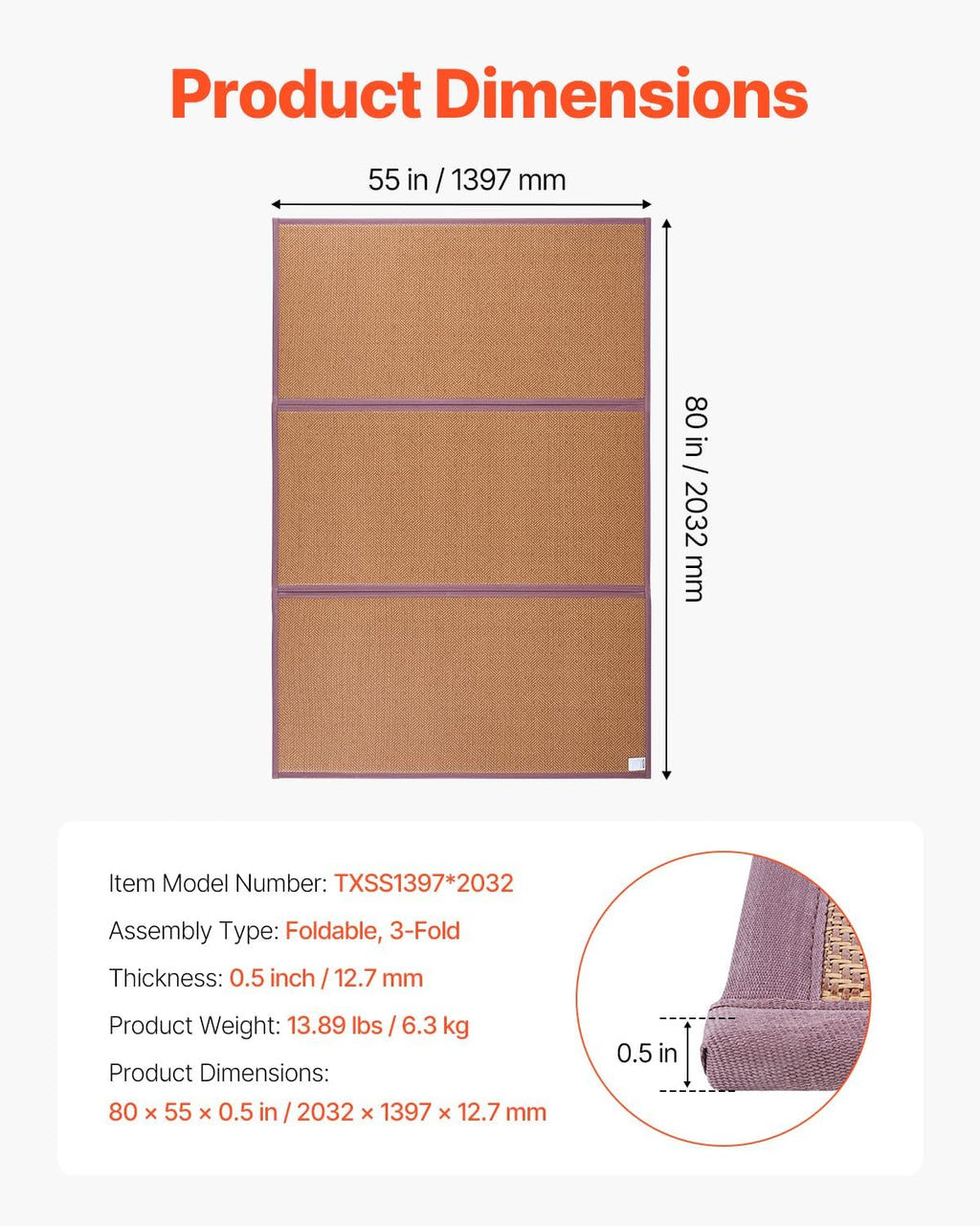 VEVOR Japanese Tatami Mat, Full XL - 55'' X 80'' Foldable Handwoven Rattan Tatami Mat, Non-Slip & Easily Cleaned Tatami Mattress, Summer Breathable Tatami for Sleeping, Meditation, Yoga