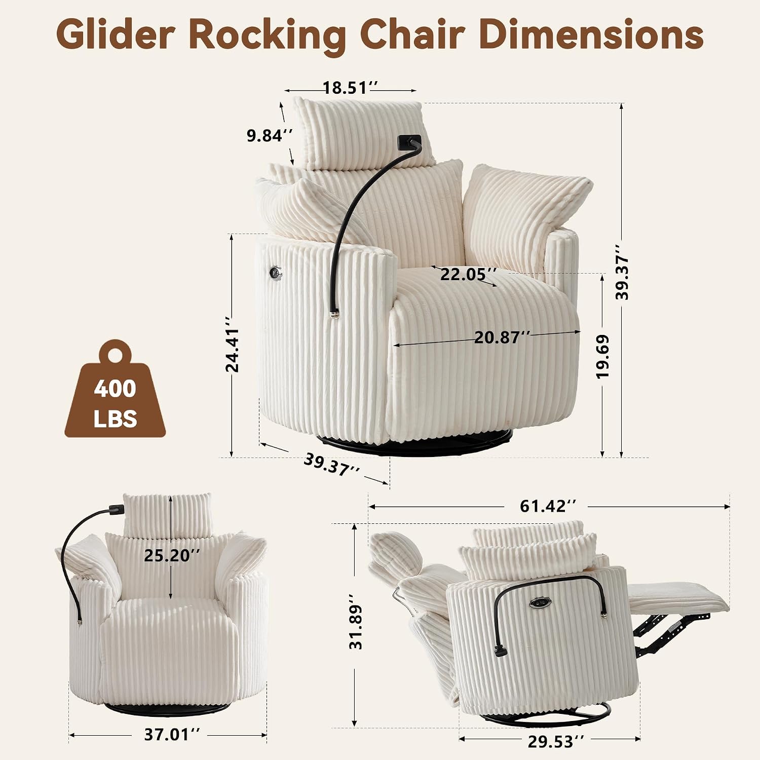FOXHUNTER Power Nursery Rocking Chairs 300°Swivel Corduroy, White | 30° Rocking Mode, Glider Rocking Recliner With USB Port, Phone Holder,2 Cushions, Adjustable Headrest,for Living Room