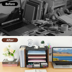 Wood Desk Organizers and Accessories with File Organizer, 5-Tier Paper Organizer with Drawer & Pen Holder, Office Desk Accessories, Workspace Desktop Storage for Office Supplies Organization（Brown）