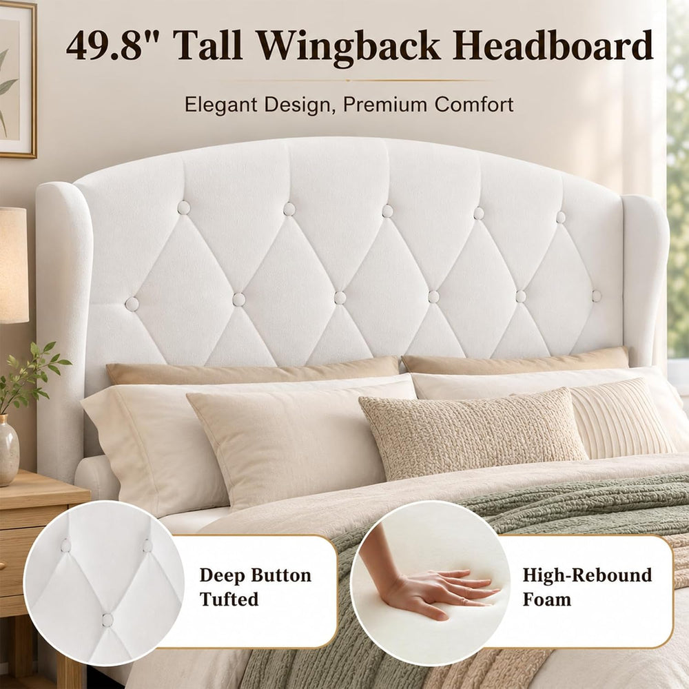 Upholstered Queen Bed Frame, 49.8" Tall Wingback Headboard, White