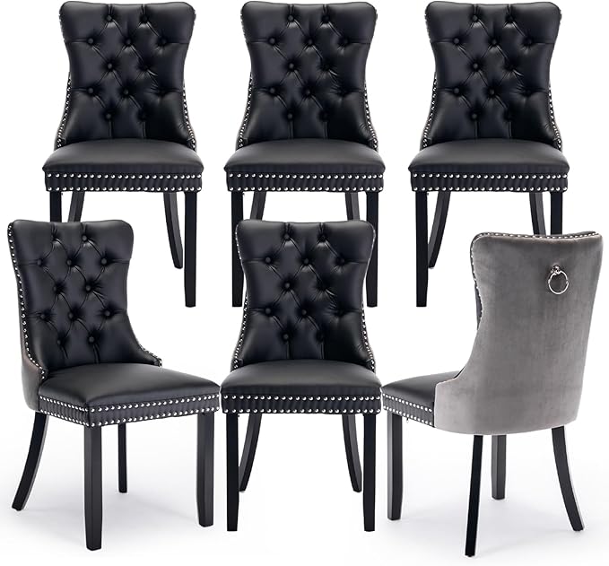 Leather Upholstered Dining Chairs Set of 6, Modern Style Kitchen Side Chairs with Nailhead Trim and Wood Leg, Metal Pulling Ring for Dining Room Living Room(Black&Grey,Set of 6)