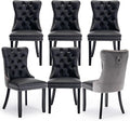 Leather Upholstered Dining Chairs Set of 6, Modern Style Kitchen Side Chairs with Nailhead Trim and Wood Leg, Metal Pulling Ring for Dining Room Living Room(Black&Grey,Set of 6)
