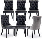 Leather Upholstered Dining Chairs Set of 6, Modern Style Kitchen Side Chairs with Nailhead Trim and Wood Leg, Metal Pulling Ring for Dining Room Living Room(Black&Grey,Set of 6)