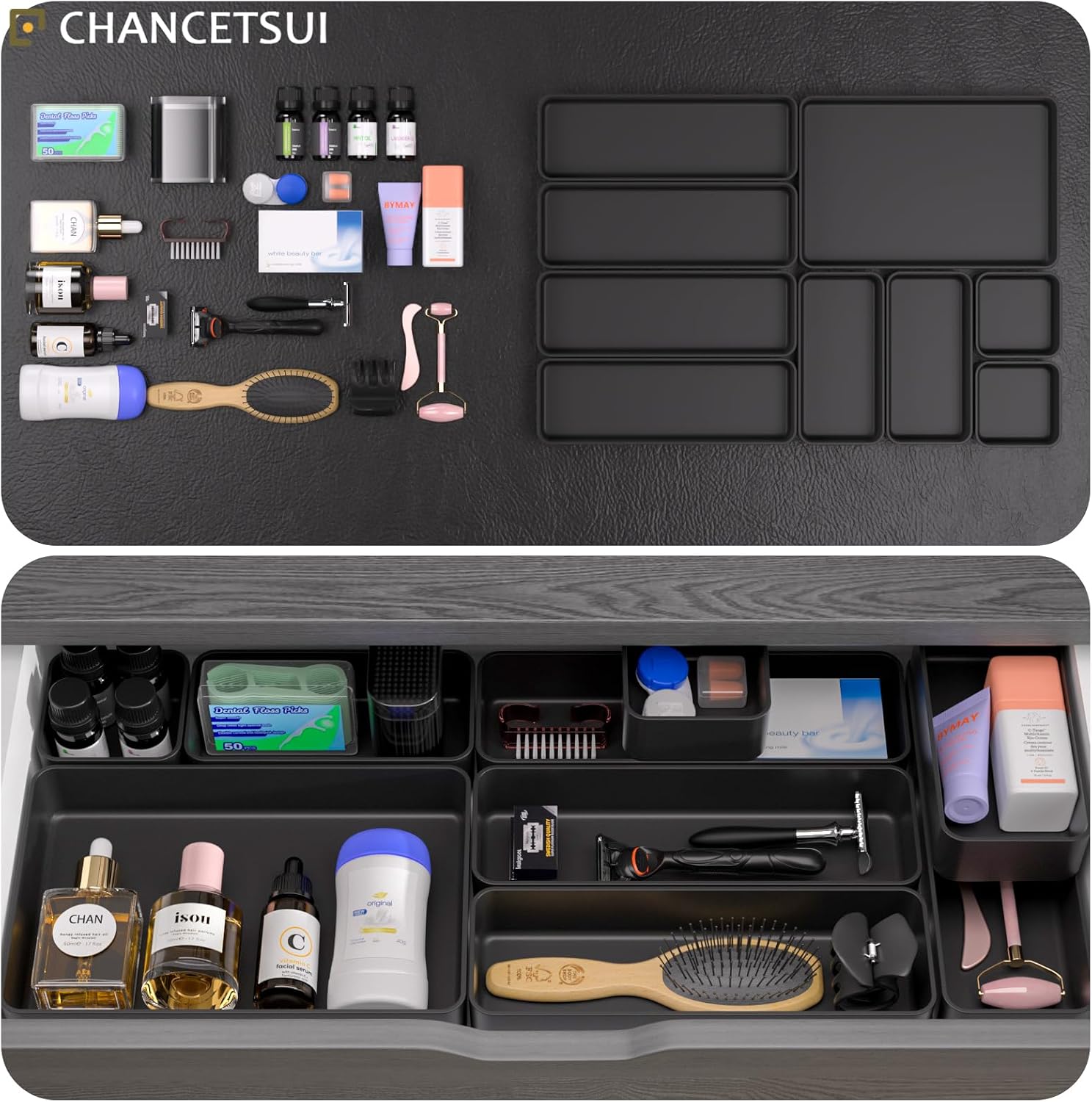 Black Bathroom Drawer Organizer Trays: 9 PC Stackable Desk Organizers Bin | vanity office kitchen modern shallow containers modular storage