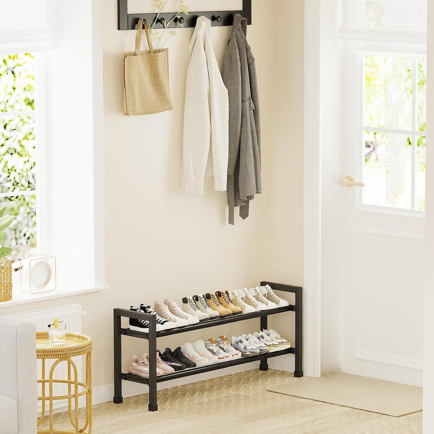 Mavivegue Expandable Shoe Rack, 2-Tier 19"-43.3" Adjustable Shoe Rack for Closet,Hall Entryway,Front Door,Garage, Sturdy Steel Space-Saving Rack, Black