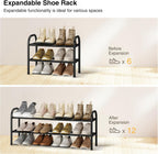STO STO Expandable Shoe Rack, 2-Tier Metal Small Shoe Rack for Closet, Up to 12 Pairs Adjustable Shoe Rack Storage for Front Door Entrance, Free Standing Shoe Rack Organizer for Entryway, Black