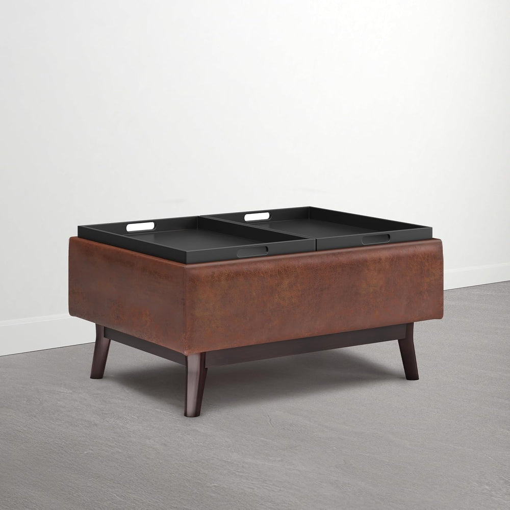 SIMPLIHOME Owen 34" Vegan Leather Storage Ottoman in Distressed Pecan Brown