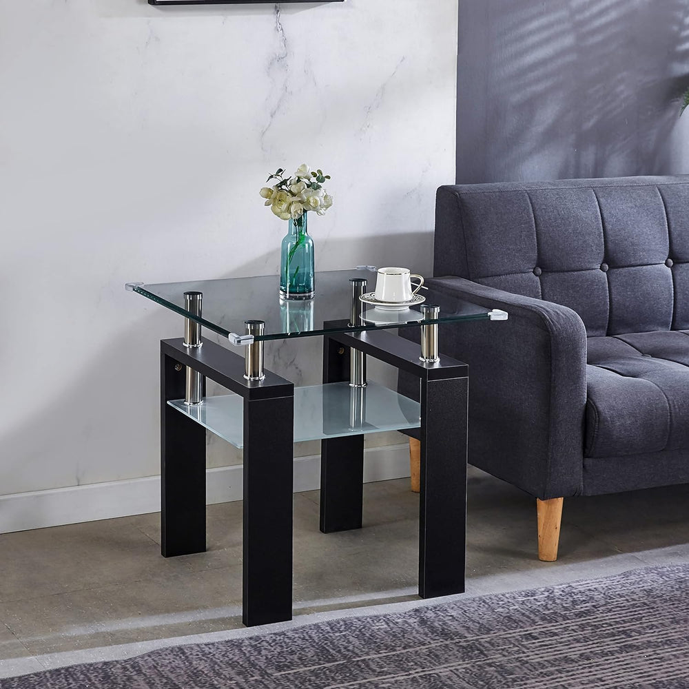 4 Piece Black Living Room Table Set, Rectangular Modern Glass Coffee Table, C...