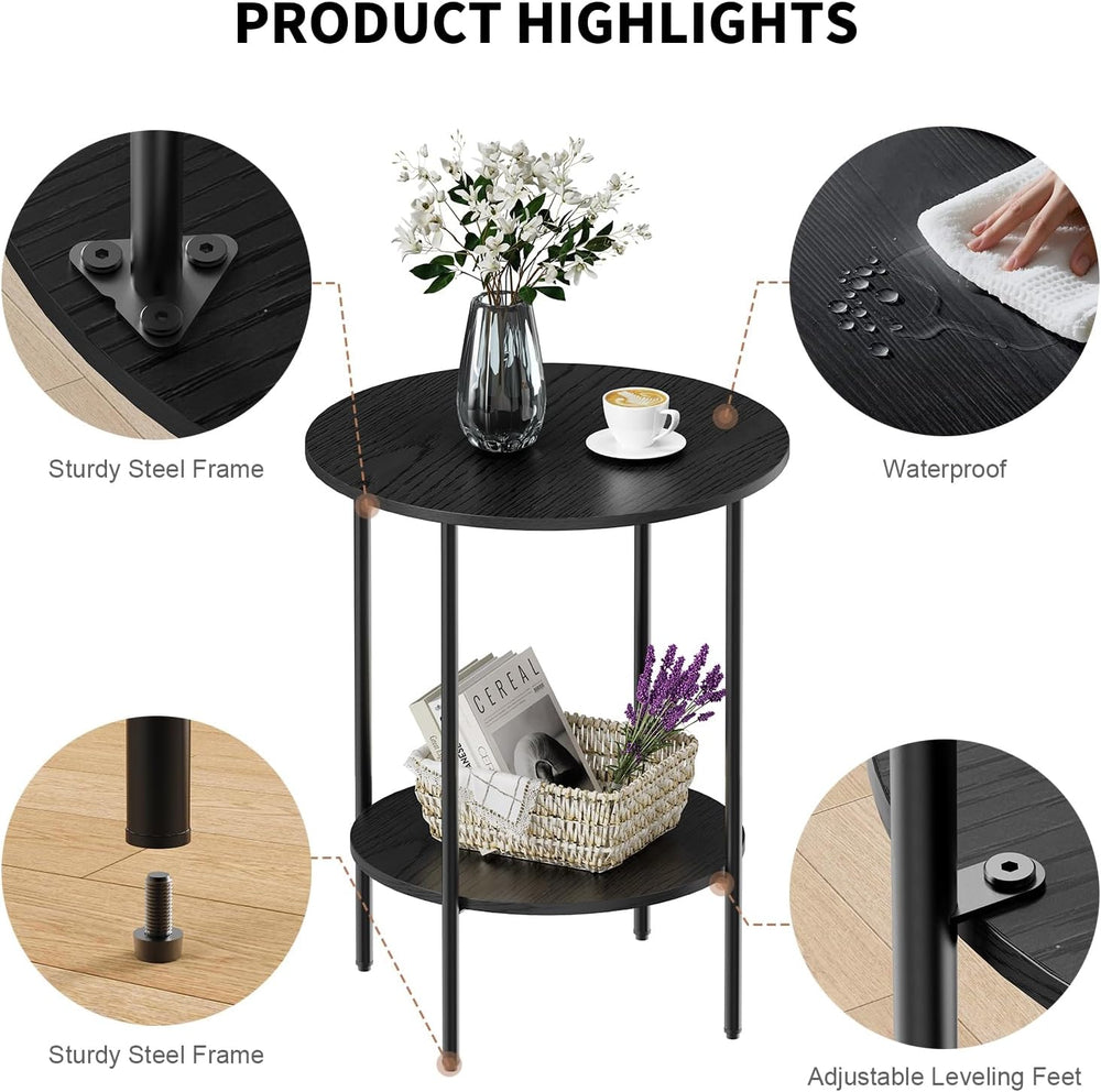 Side Table,Round End Table with 2 Storage Shelves| Compact Side Tables for Li...