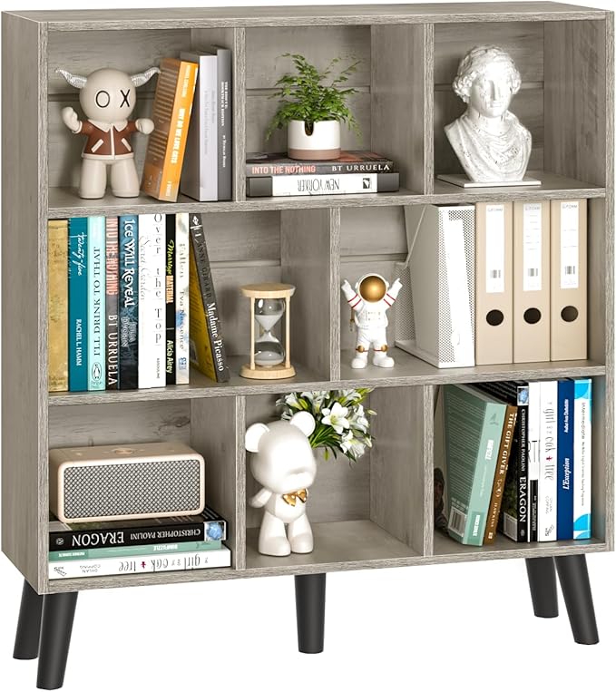 LEYAOYAO 8 Cube Bookshelf, 3 Tier Modern Bookcase with Legs, Mid-Century Modern Wood Book Shelves Storage, Retro Grey Book Case, Freestanding Organizer Display Shelf for Bedroom,Living Room,Office