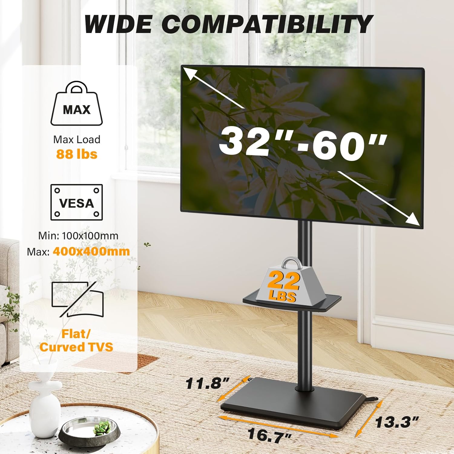5Rcom Floor TV Stand with Mount for 32-60 inch TVs, Swivel and Height Adjustable Floor Standing TV Stands with Wood Base, Tall TV Stand with Shelf up to 88 lbs for Living Room, Bedroom and Corner