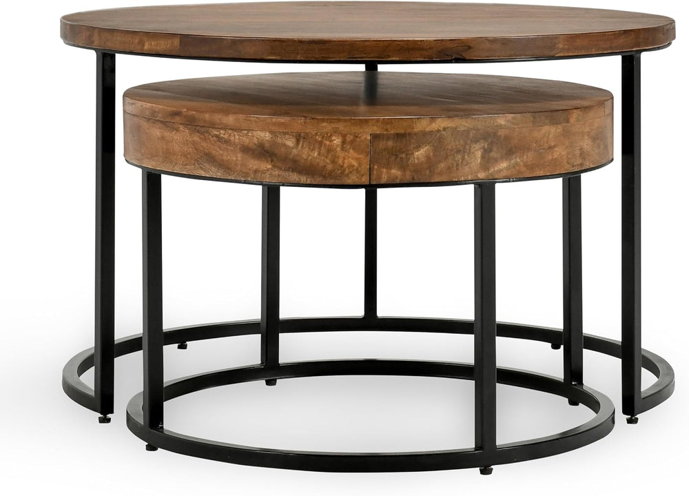 32" Natural Grain Side Coffee Table, Small Nesting Tables with Sturdy Ir...