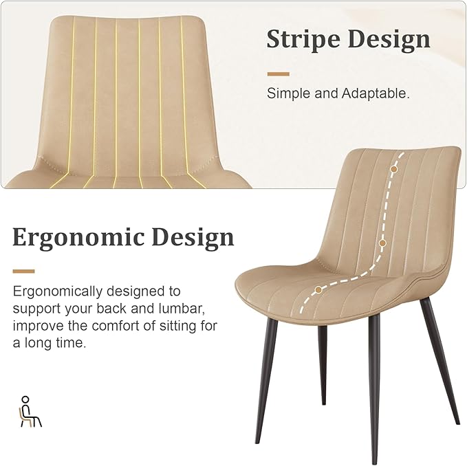 Dining Chairs Set of 6, Leather Modern Kitchen & Dining Room Chairs, Comfortable Upholstered Kitchen Chairs with Metal Legs Armless Side Chairs for Living Room Bedroom Restaurant Cafe, Khaki