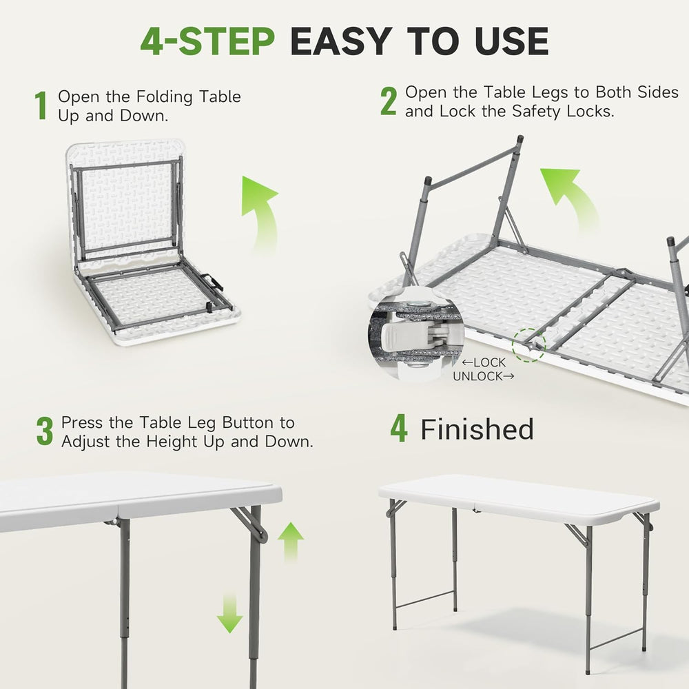 4 Foot Folding Table with Black Table Cloth- 3-Position Adjustable Height, He...