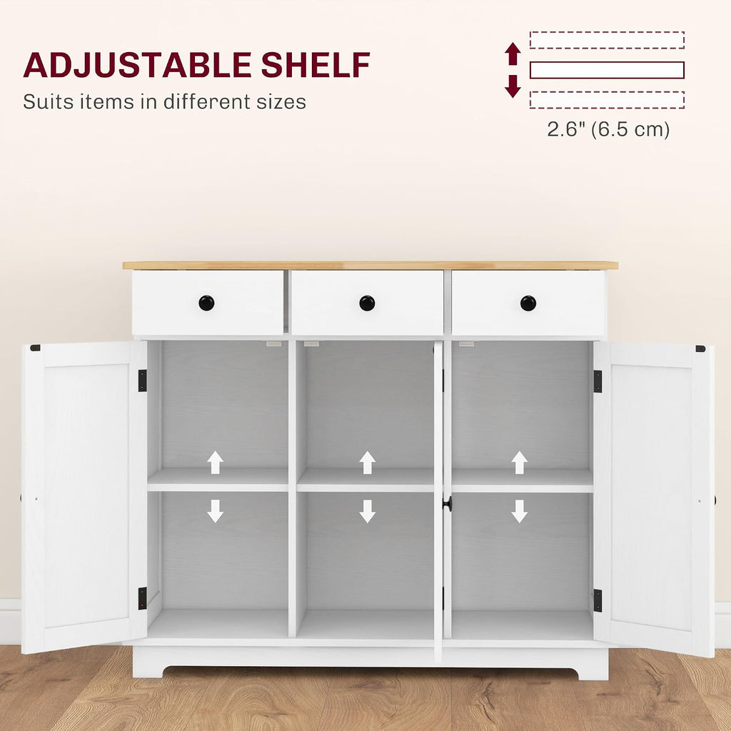 Sideboard with Solid Wood Countertop, Modern Kitchen Storage Cabinet, Coffee Bar Cabinet with 3 Drawers, Doors and Adjustable Shelf, Distressed White,for Kitchen
