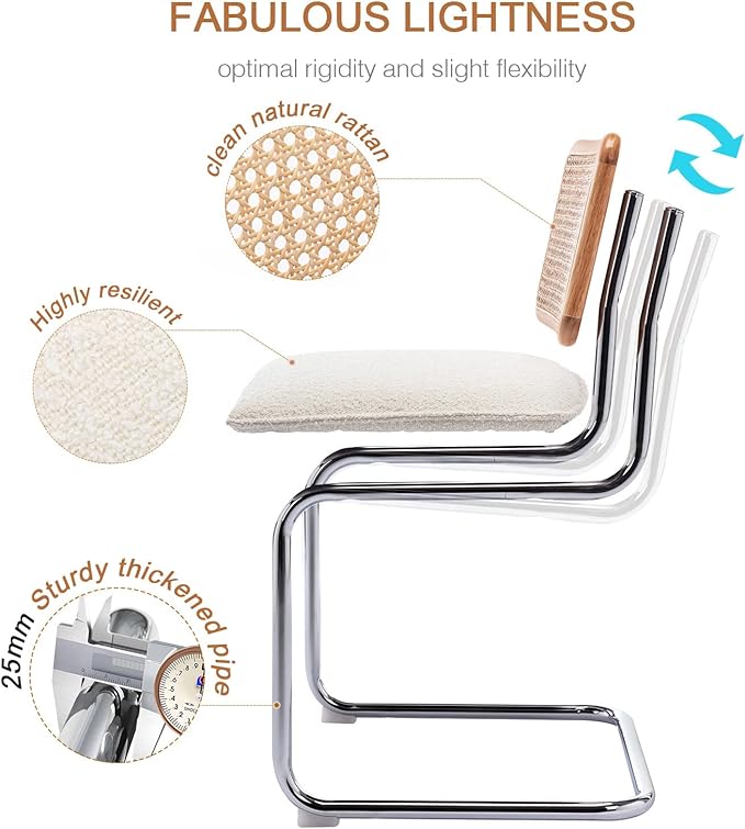 Zesthouse Natural Rattan Dining Chairs Set of 4, Modern Kitchen Chairs with Solid Wood Back for Dining Room Living Room, Mid Century Breuer Design Inspired, Upholstered Boule Fabric, White