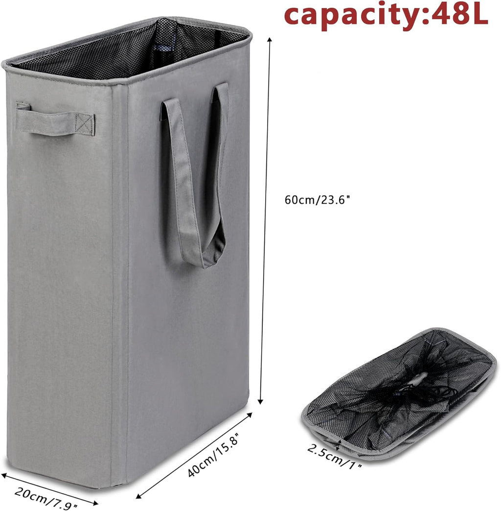 efluky Slim Laundry Basket, Narrow Laundry Hamper with Handles, Collapsible Dirty Clothes Hamper, Tall Laundry Bin for Laundry Room, Dorm and Bedroom, 12.7 Gallons(48L) Grey