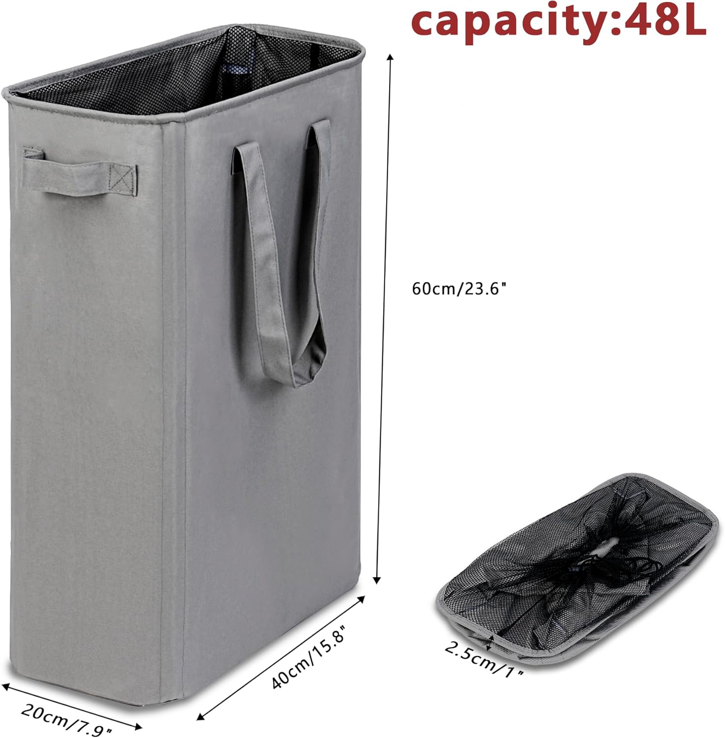 efluky Slim Laundry Basket, Narrow Laundry Hamper with Handles, Collapsible Dirty Clothes Hamper, Tall Laundry Bin for Laundry Room, Dorm and Bedroom, 12.7 Gallons(48L) Grey