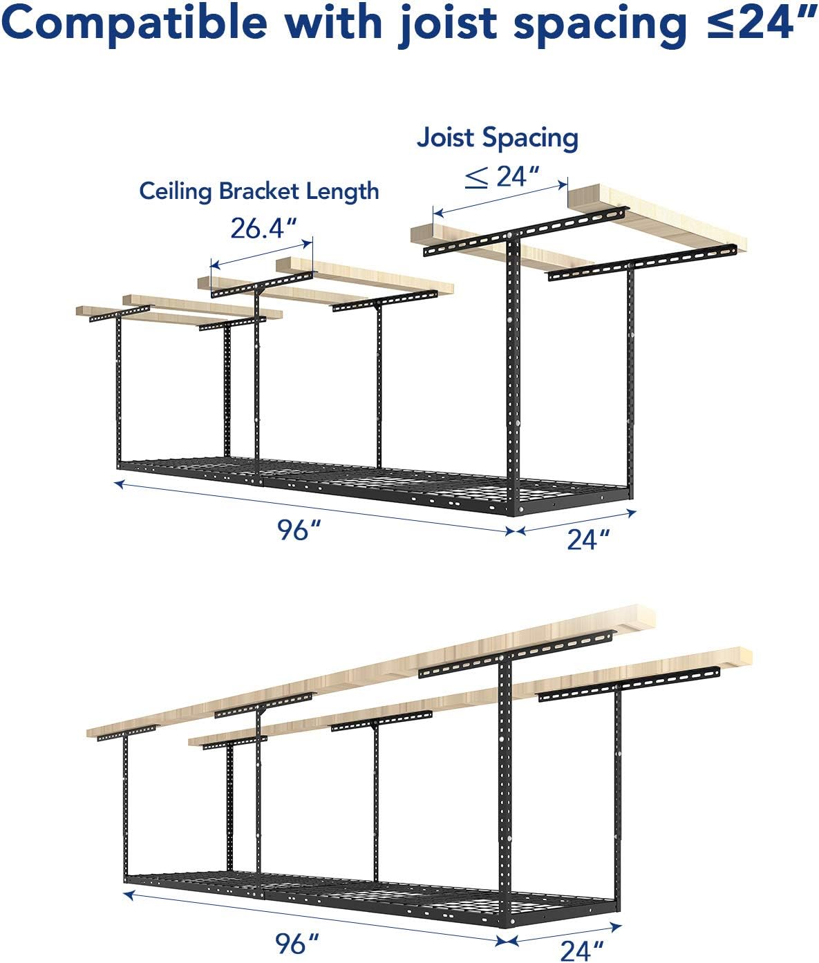 FLEXIMOUNTS 2x8 Garage Storage Rack, Adjustable Overhead Storage Organization System, Heavy Duty Metal Ceiling Rack, 400lbs Weight Capacity, Black, Classic Series