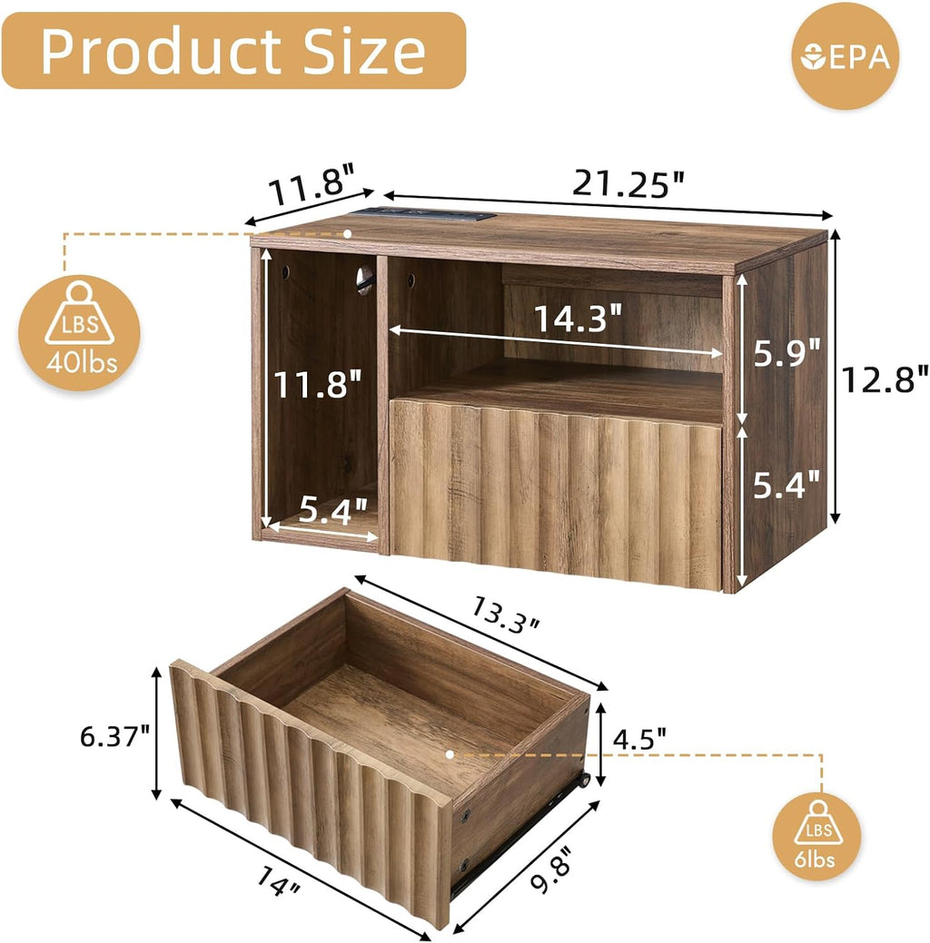 Modern Rustic Brown Fluted Floating Nightstand with Charging Station, NightStand with Drawers, Bedside with USB Ports and Outlets, Bedroom Furniture (Left)