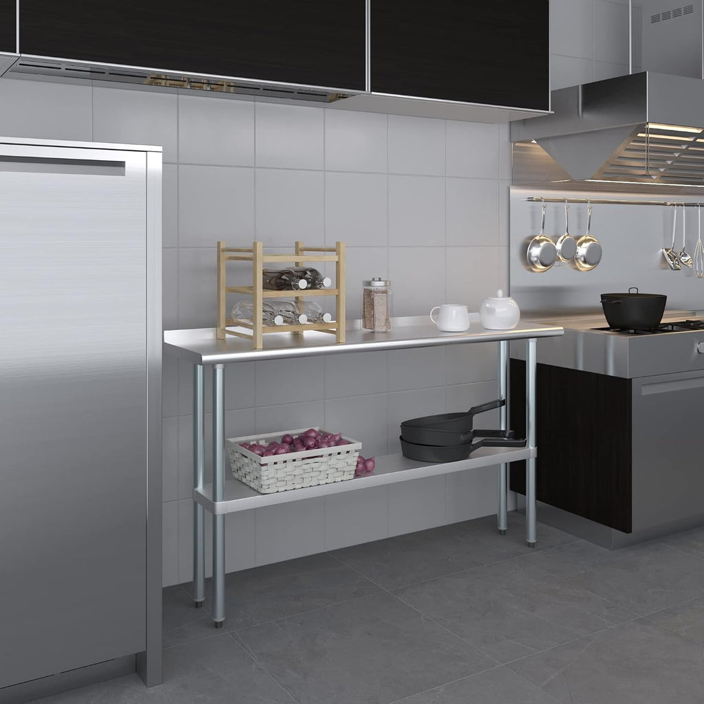 AmGood 14 in. x 60 in. Stainless Steel Work Table with 1.5 in. Backsplash | Metal Kitchen Food Prep Table