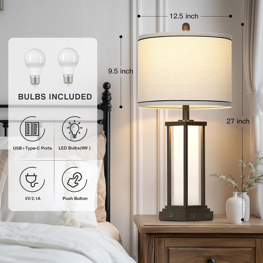 27in Tall Farmhouse Table Lamp Set of 2 with USB C+A & Outlet,Brown Indus...