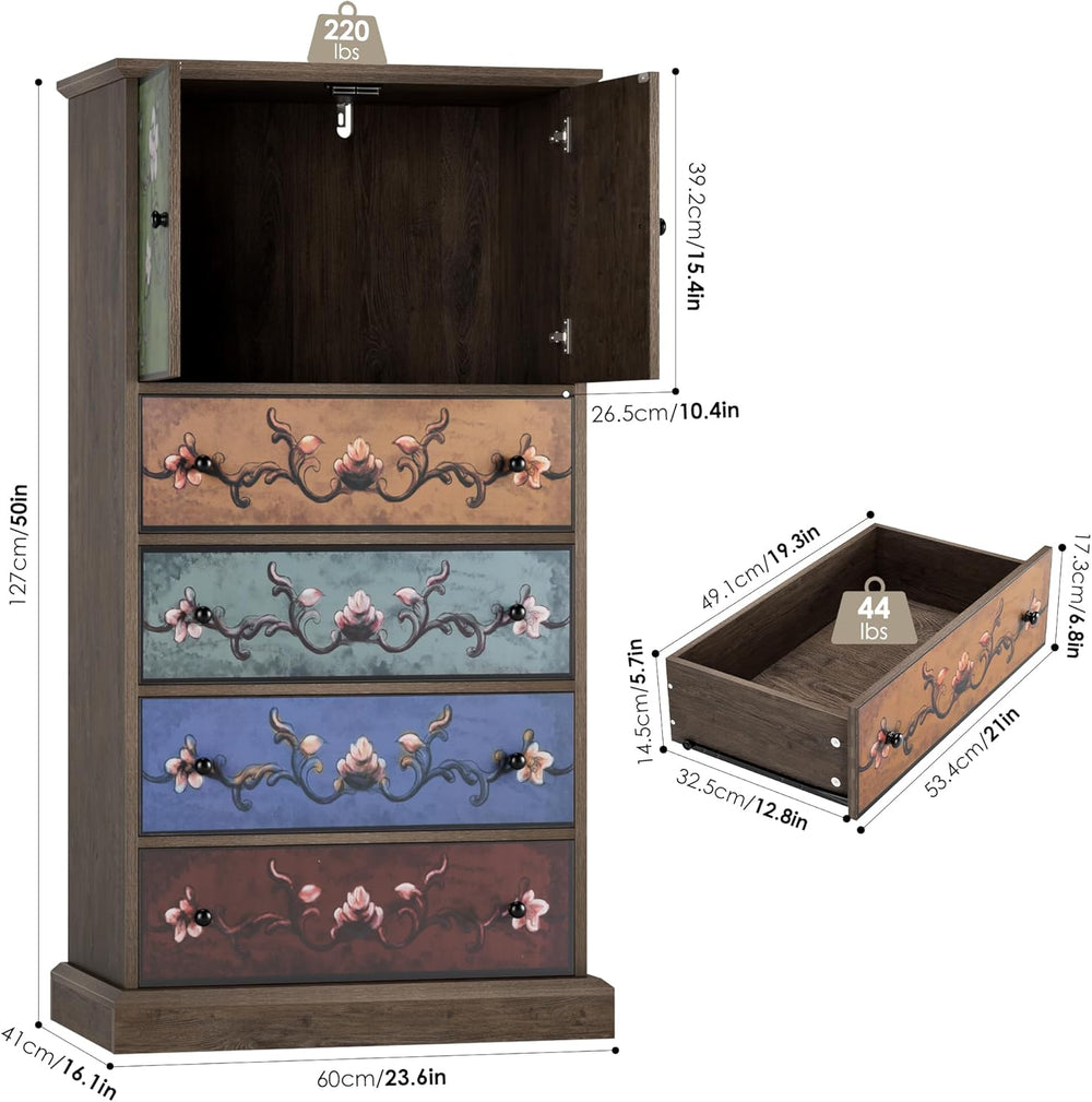 50" H Boho Dresser Vintage Dresser, 4 Drawer Dresser for Bedroom