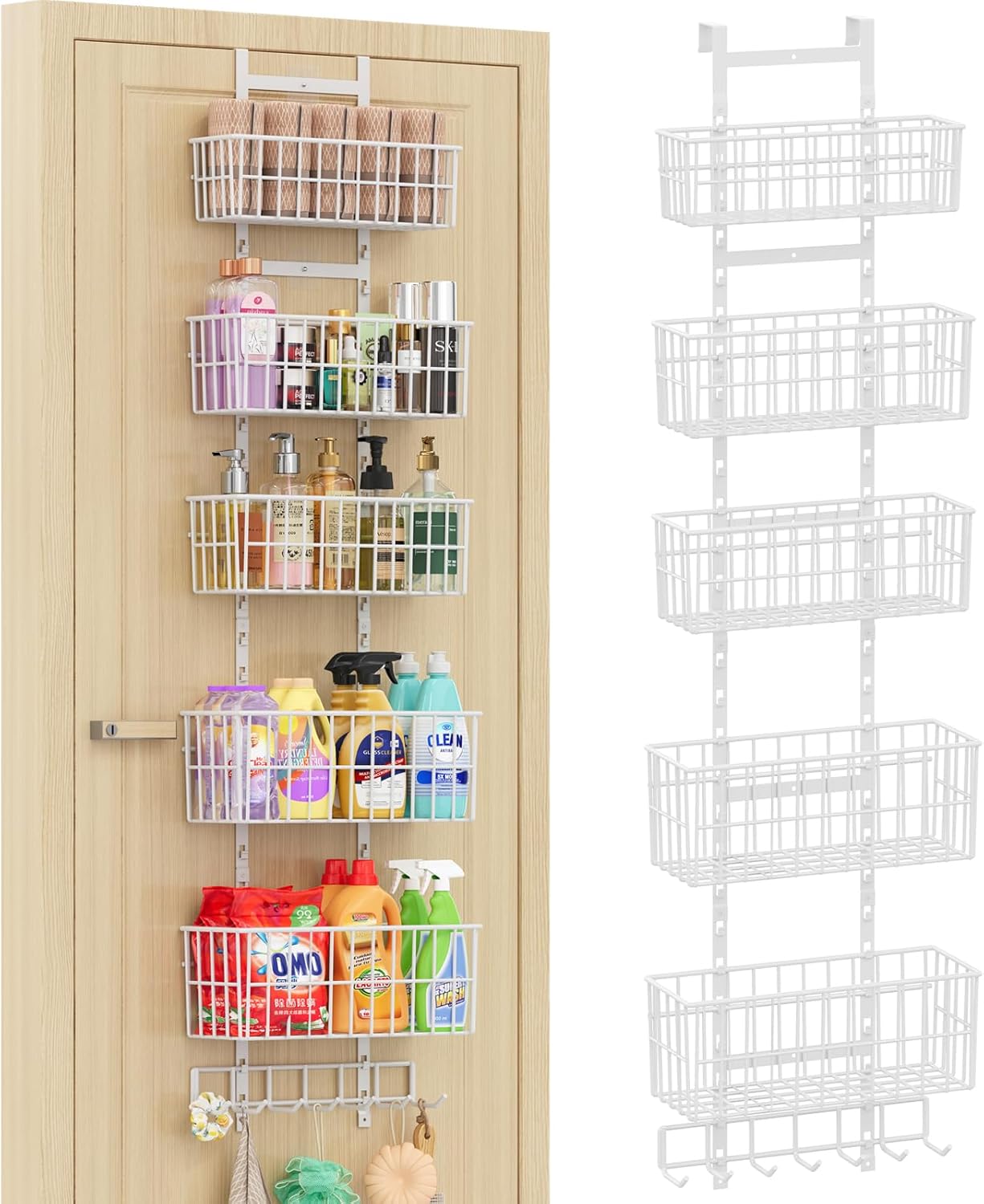 Adjustable Over The Door Organizer, Metal Hanging Door Organizer with 5 Wire Basket 7 Hooks, Wall Mounted Shelf for Pantry Closet Organization and Storage, White