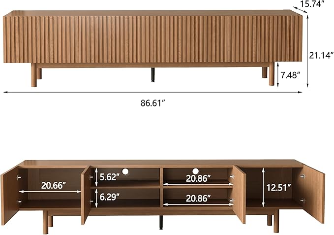 86.61" Mid-Century Modern TV Stand for TVs up to 85", Walnut Entertainment Console with Solid Wood Legs and Large Storage, Sturdy Media Cabinet for Living Room & Bedroom