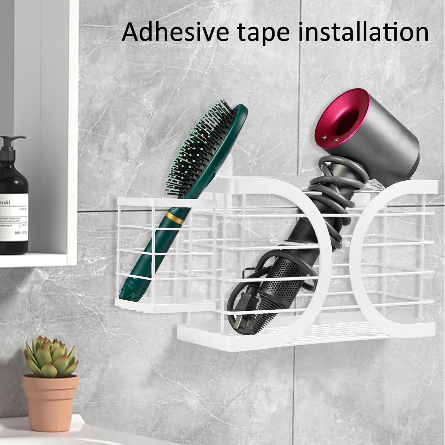 Elegant White Wall Mounted Hair Dryer Holder - Stylish Bathroom Organiser for Hair Dryer & Straightener, Hair Brush & Accessories
