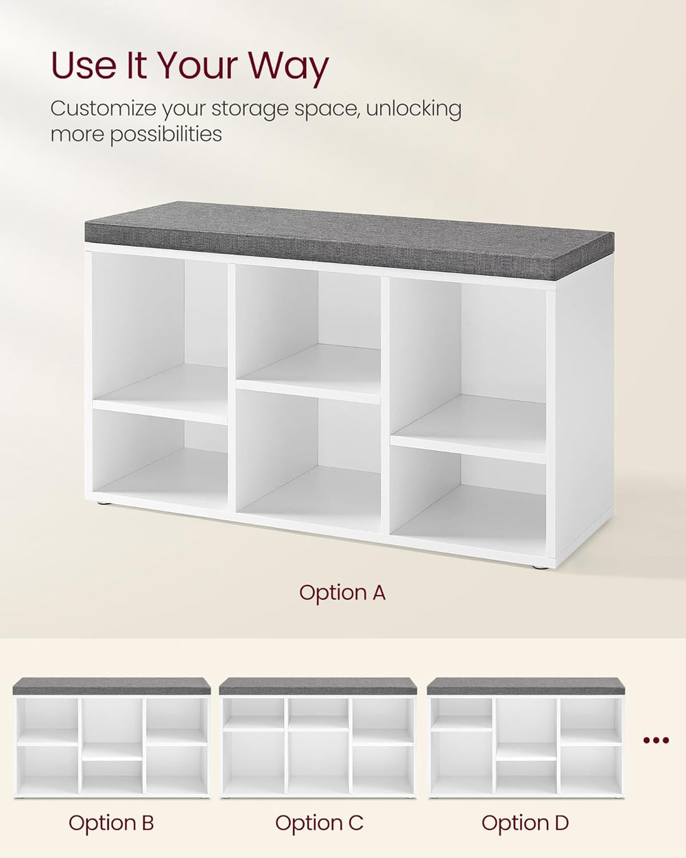 VASAGLE Shoe Bench with Cushion, Shoe Storage Bench with 6 Compartments and 3...