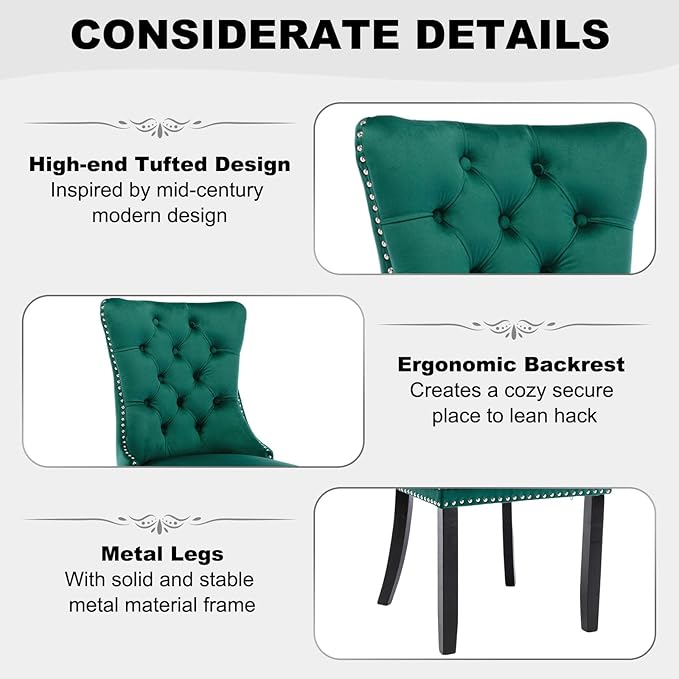 51 Inch Glass Dining Table Set for 4, Rectangular Glass Kitchen Table with 4 Upholstered Velvet Accent Chairs, 5 Piece Modern Dining Room Set, for Home, Apartment, Small Spaces - Green Black